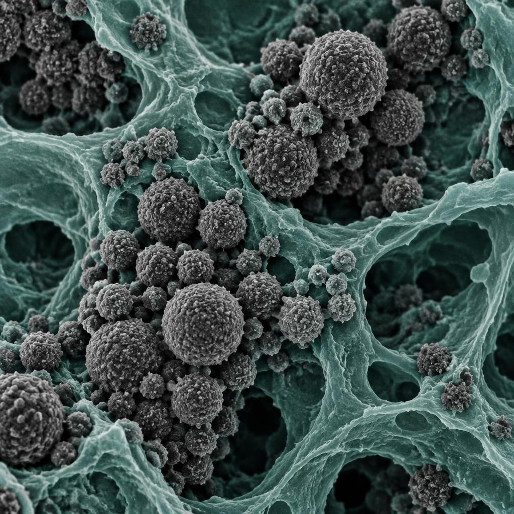 Electron micrograph of clustered magnetic nanoparticles in a porous structure